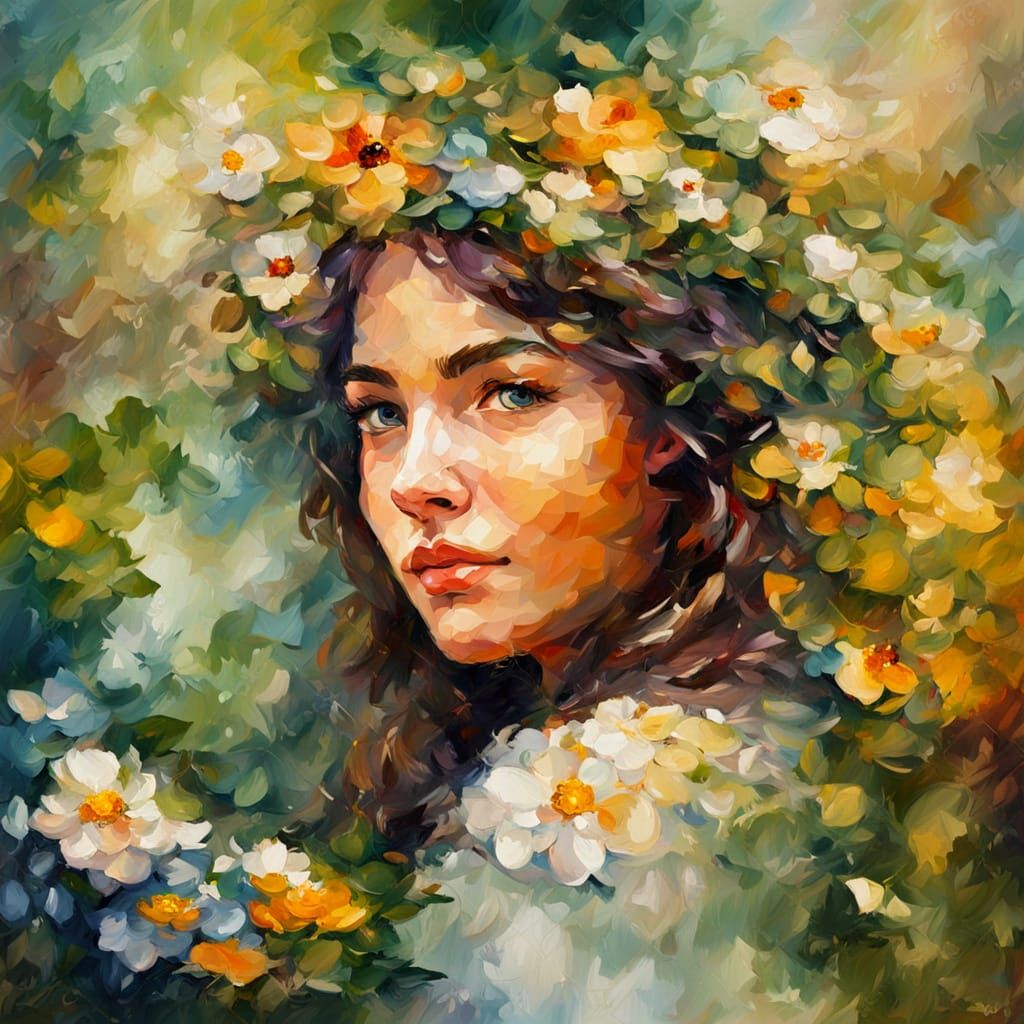 Floral Face Impressionist Oil Painting with Thick Texture