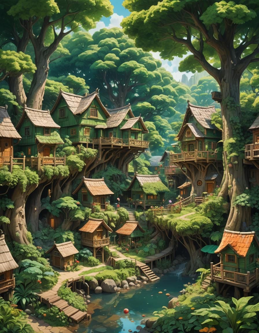Village Life Among Trees in Splash Art Style