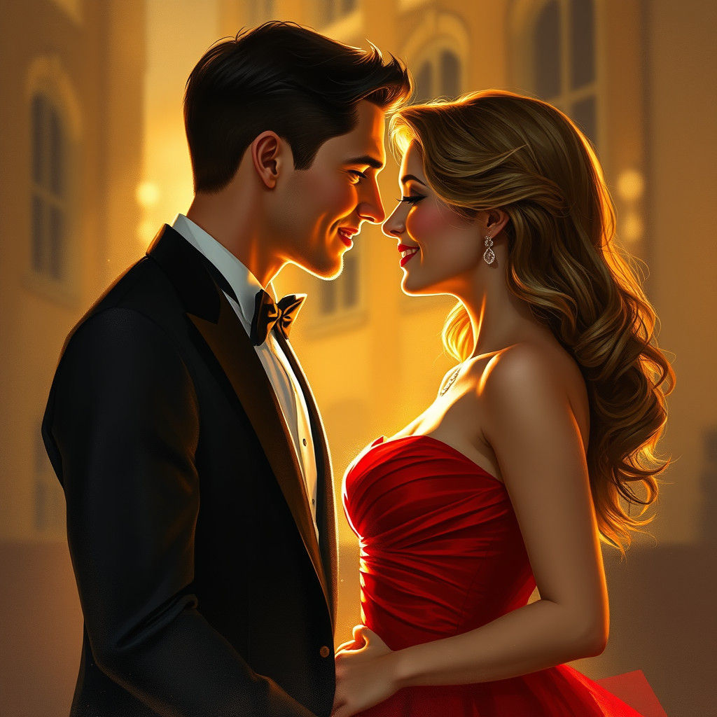 Romantic Couple in Golden Light, Dreamy Art