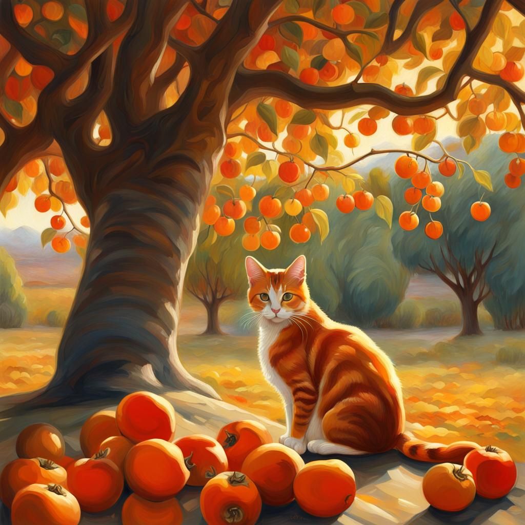 Cat Beneath Persimmon Tree: Art Nouveau Oil Painting