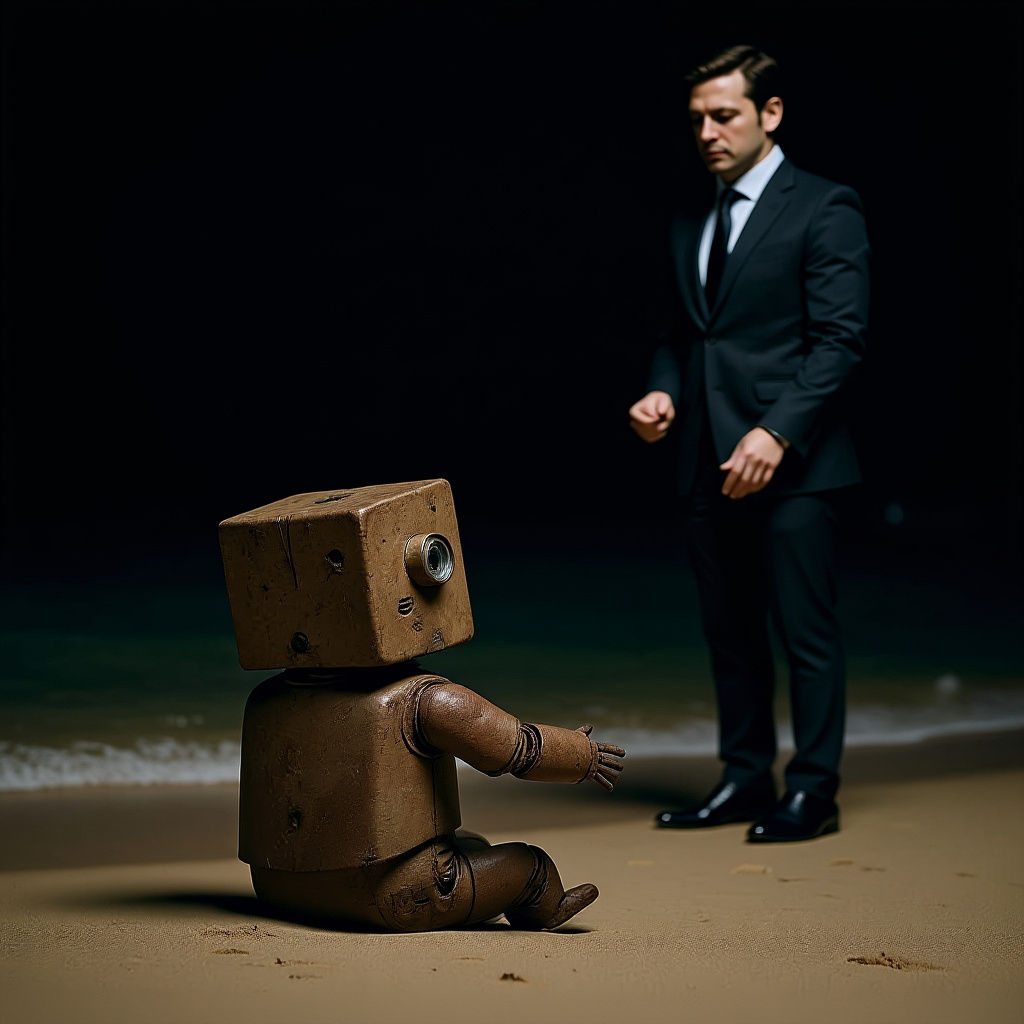 Robot and Businessman Gazing at the Sea at Night