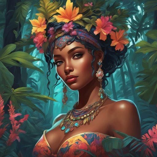 Glowing Caribbean Girl in Dark Magic Forest