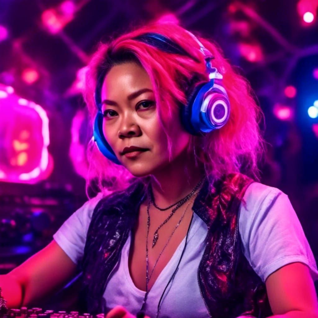 Neon Punk DJ in Nightclub with Flashing Lights