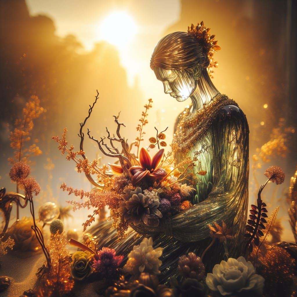 Ethereal Glass Woman Filled with Flowers at Sunset