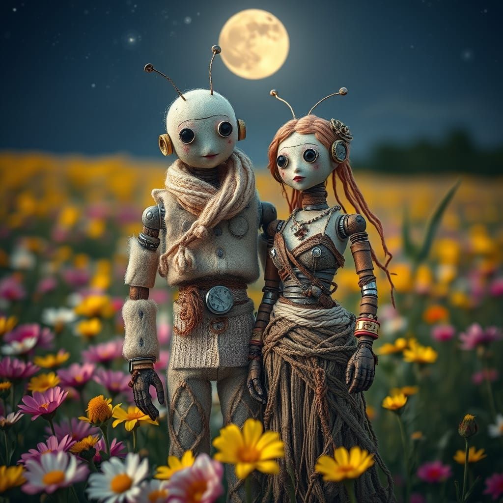 Whimsical Android Couple Under Ethereal Moonlight