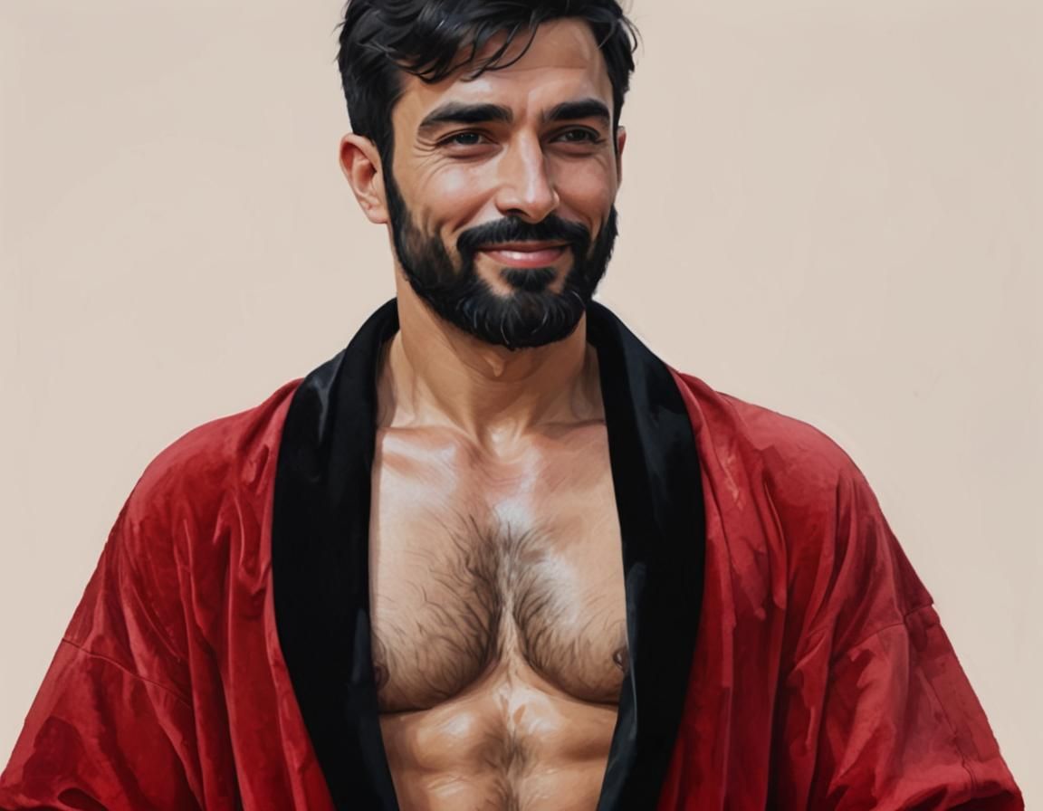 Handsome Man in Red Velvet Bathrobe, Gouache Style