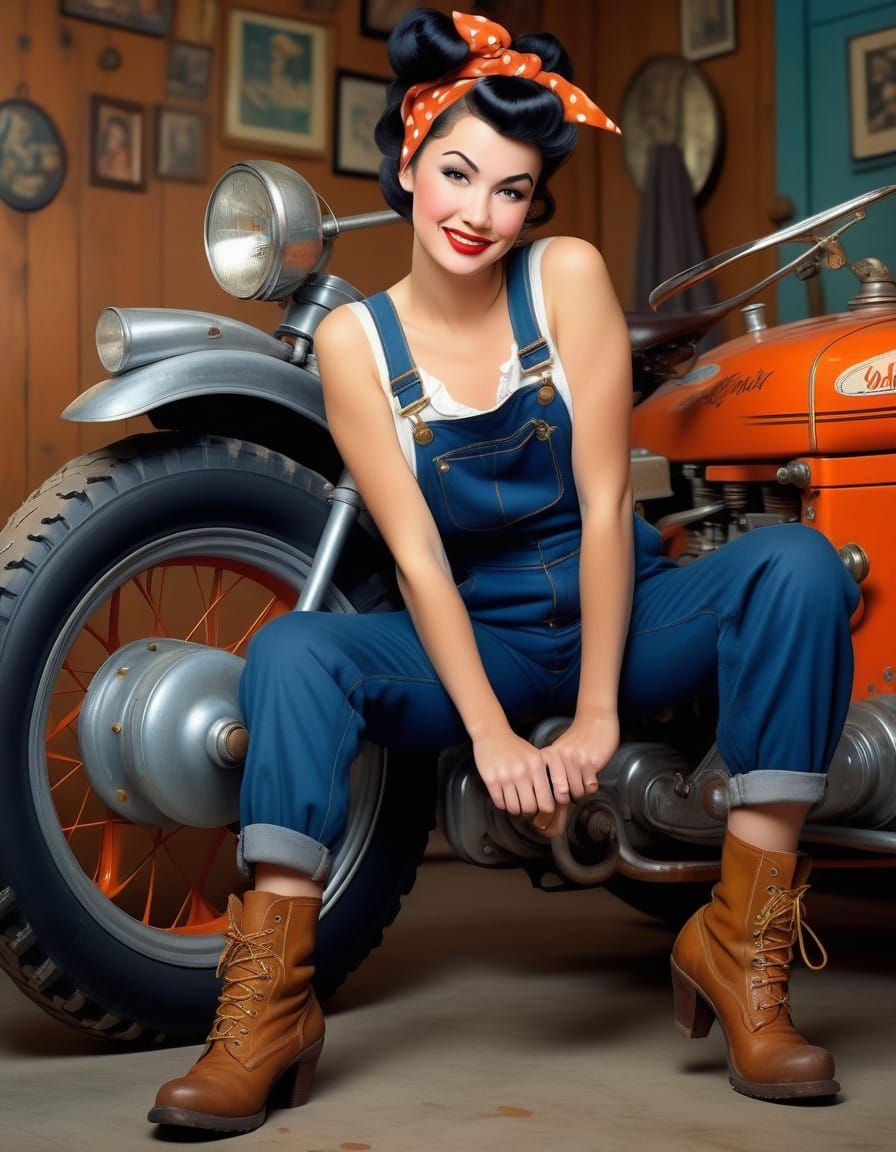 Charming Pinup Girl with Vintage Motorbike