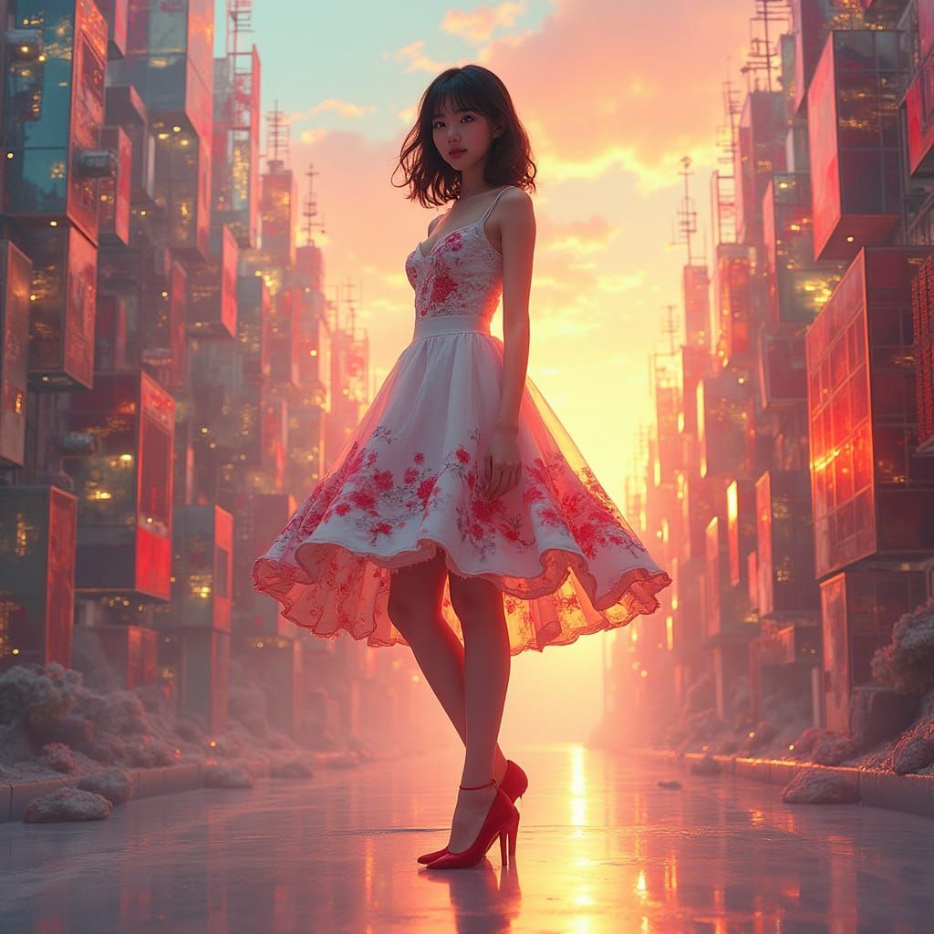 Korean Author in Floral Dress in Futuristic Stained Glass Ci...