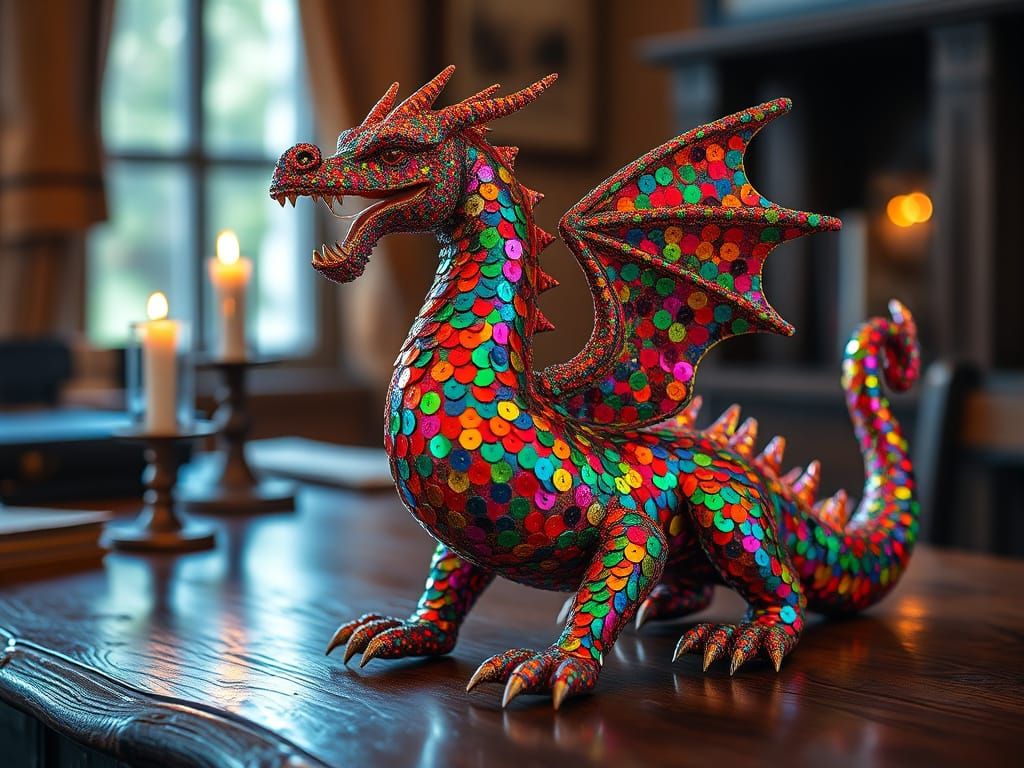Luxurious Dragon Still Life in Vibrant Sequins and Candlelig...