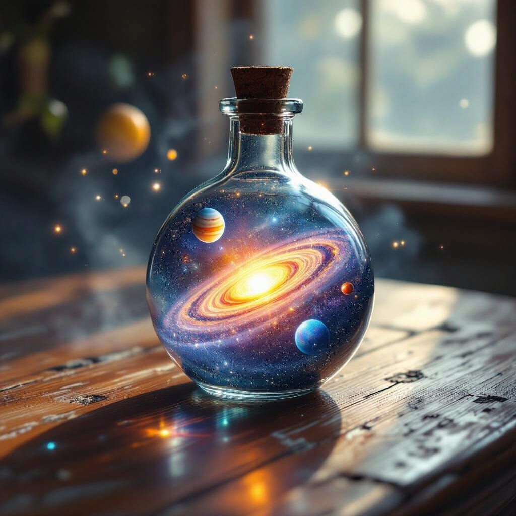 Miniature Solar System in Glass Bottle, Digital Art