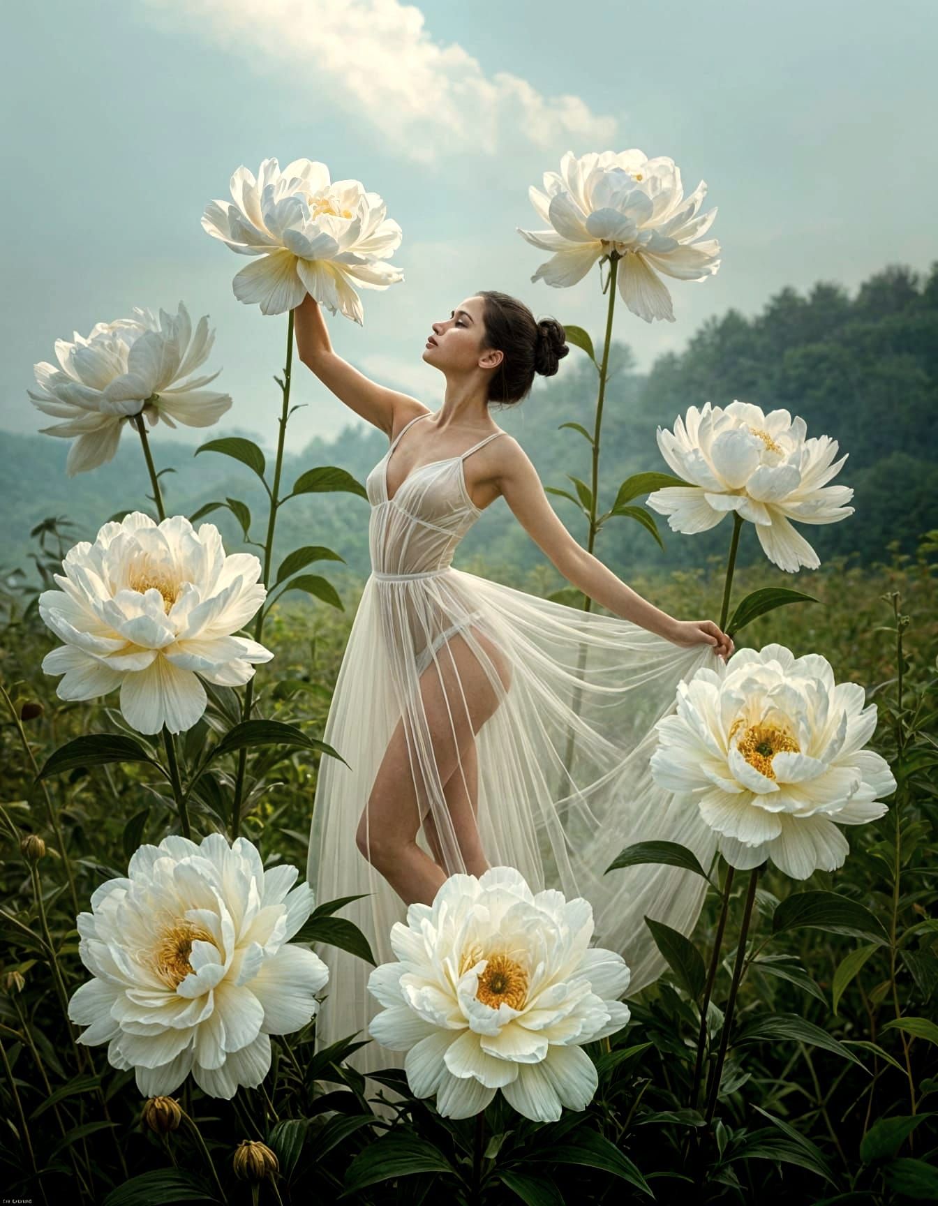 Ethereal Nymph Among Peonies, Surreal Dreamscape
