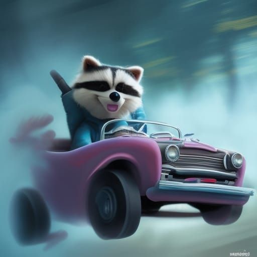 Raccoon Drives Convertible Car: Photorealistic CGI Art