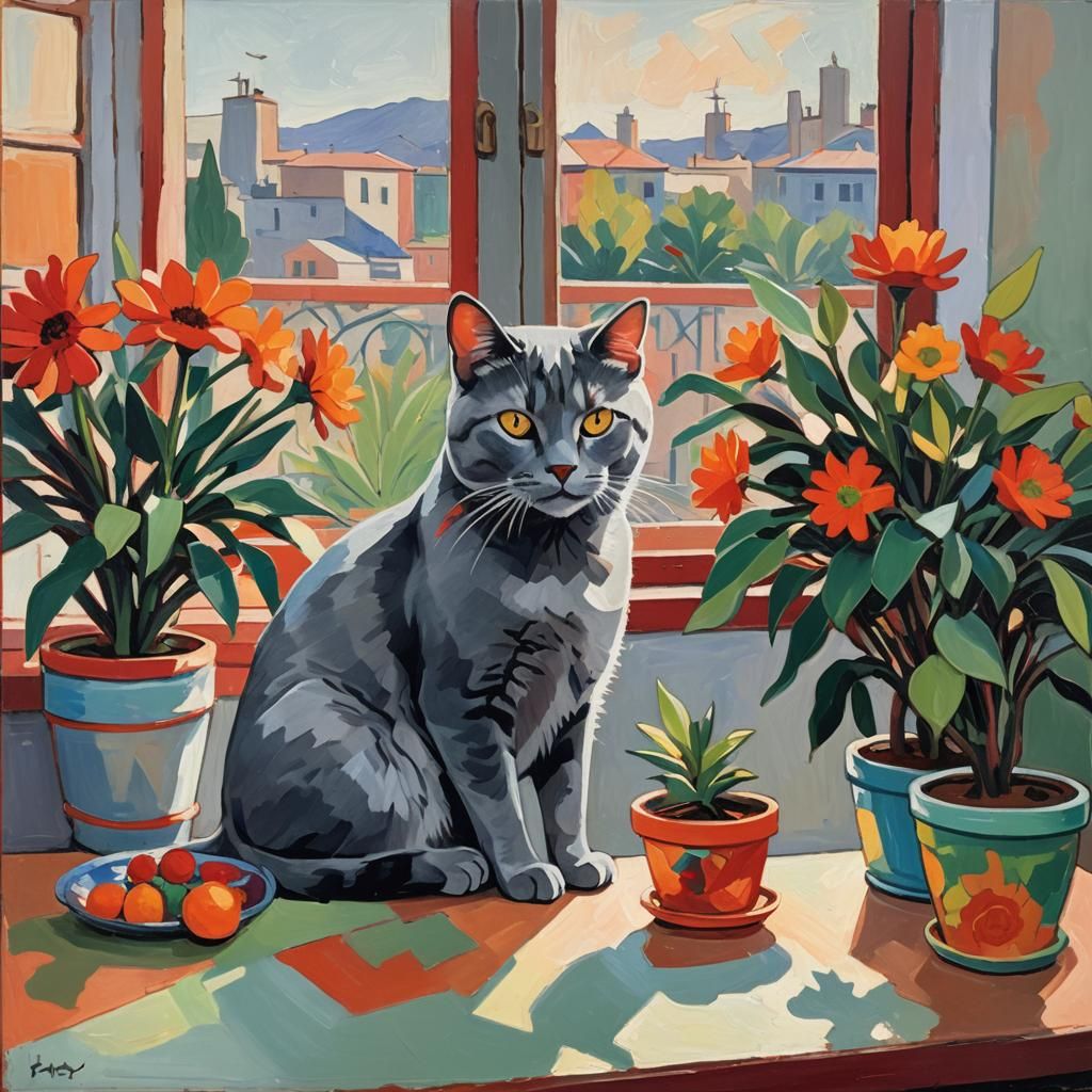 Geometric Fauvism: Cat on Table in Matisse Style