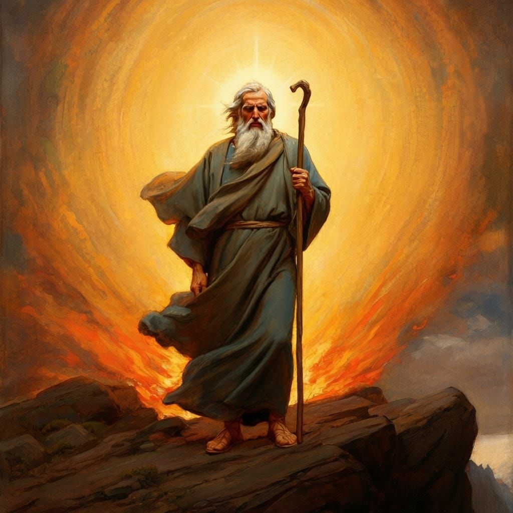 Elijah Prophet Illuminated by Heavenly Fire in Dramatic Ligh...