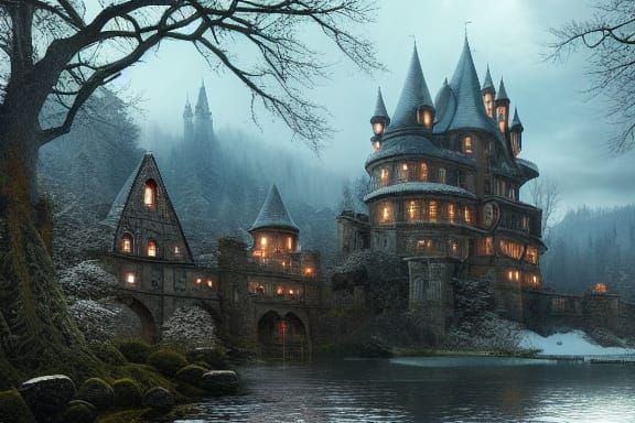 Winter Castle on Forest Lake: Digital Matte Painting