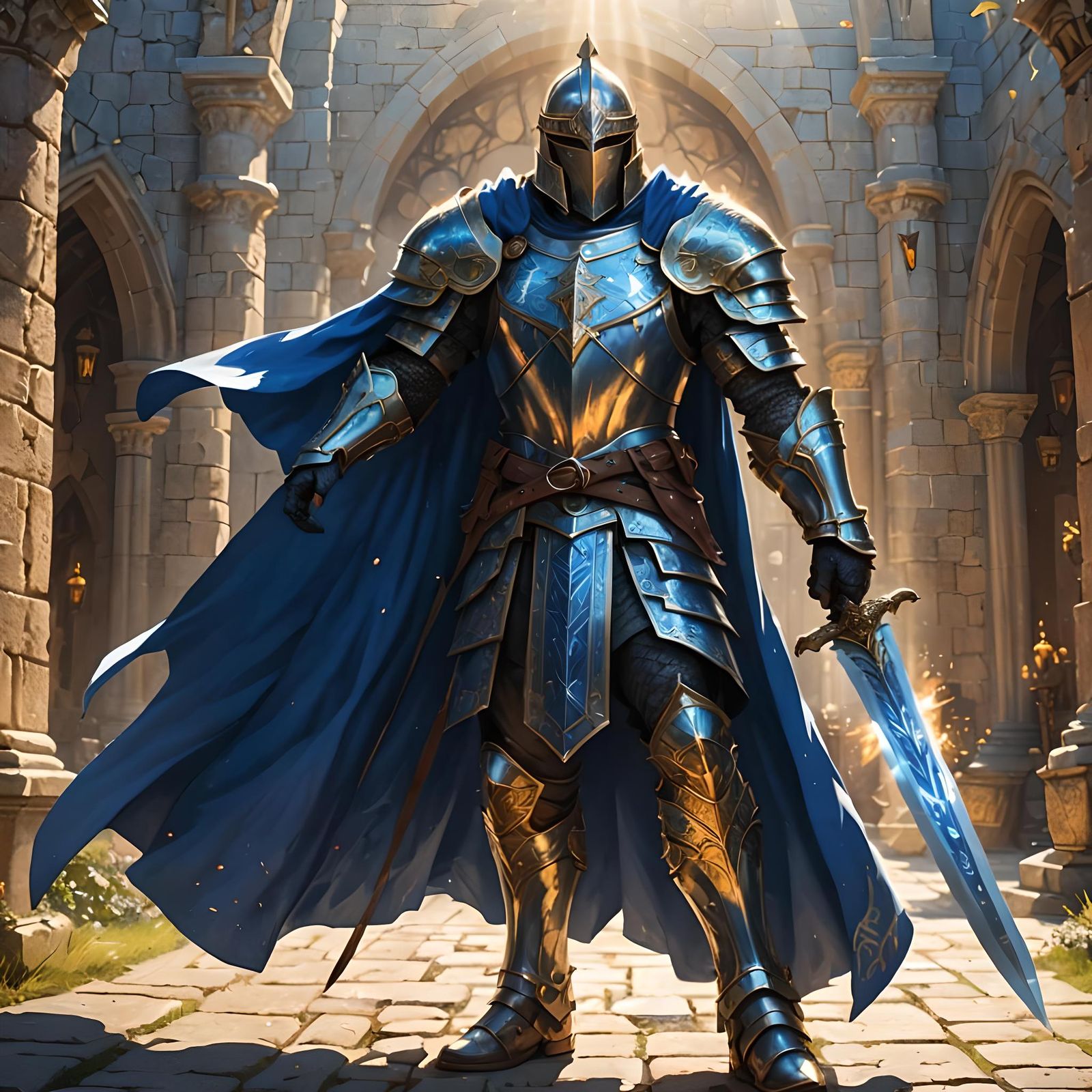 Brave Paladin with Shining Sword in Sunlight