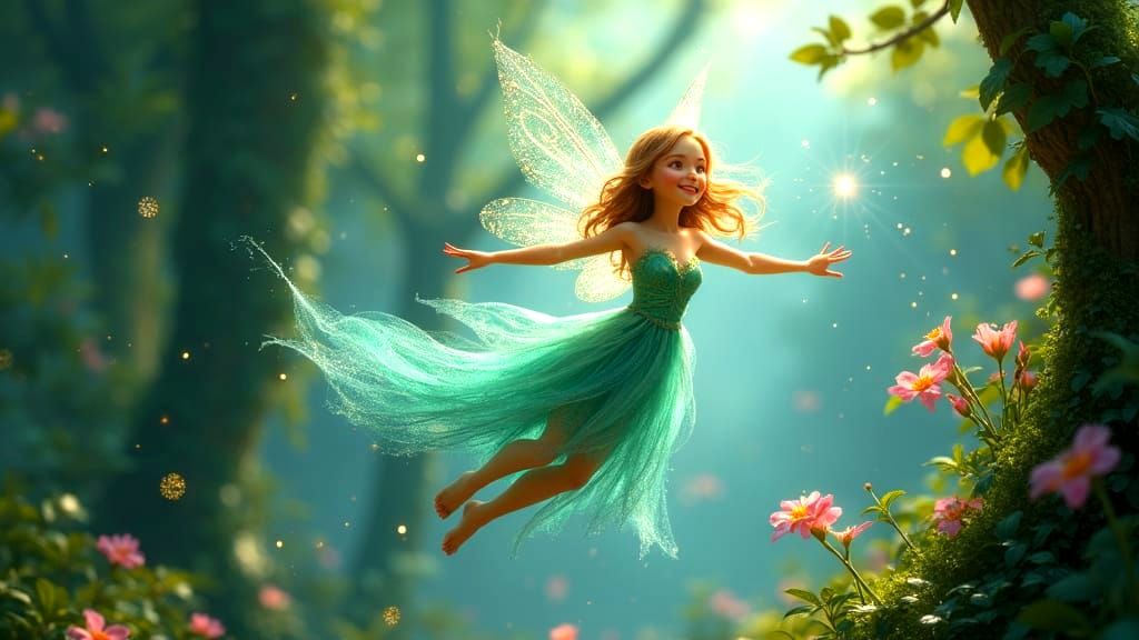 Whimsical Fairy in an Enchanted Forest with Twinkling Lights