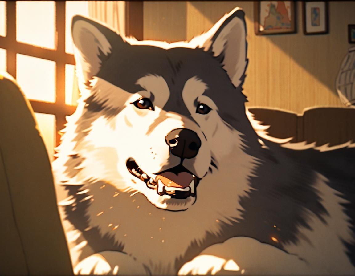 Cozy Malamute in Sunbeam: Retro Anime Art