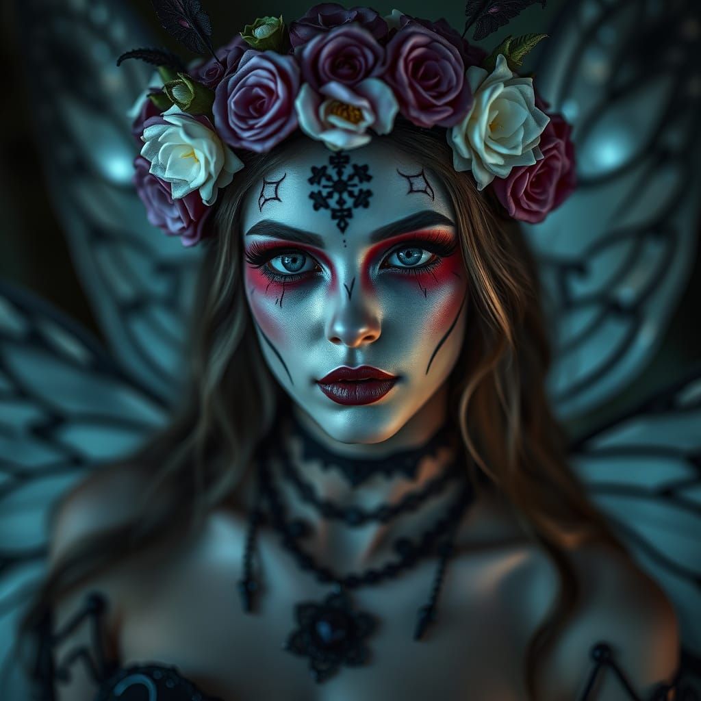 Gothic Fairy with Flower Crown in Moody Hyperrealistic Portr...