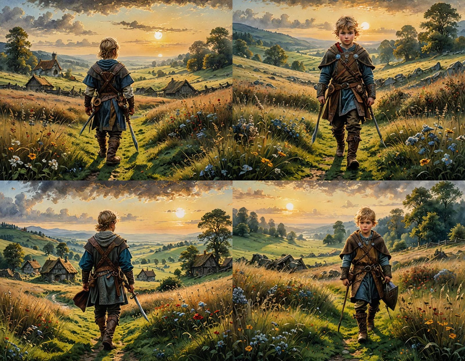 Viking Child in Meadow: Hyperrealistic Watercolor Art