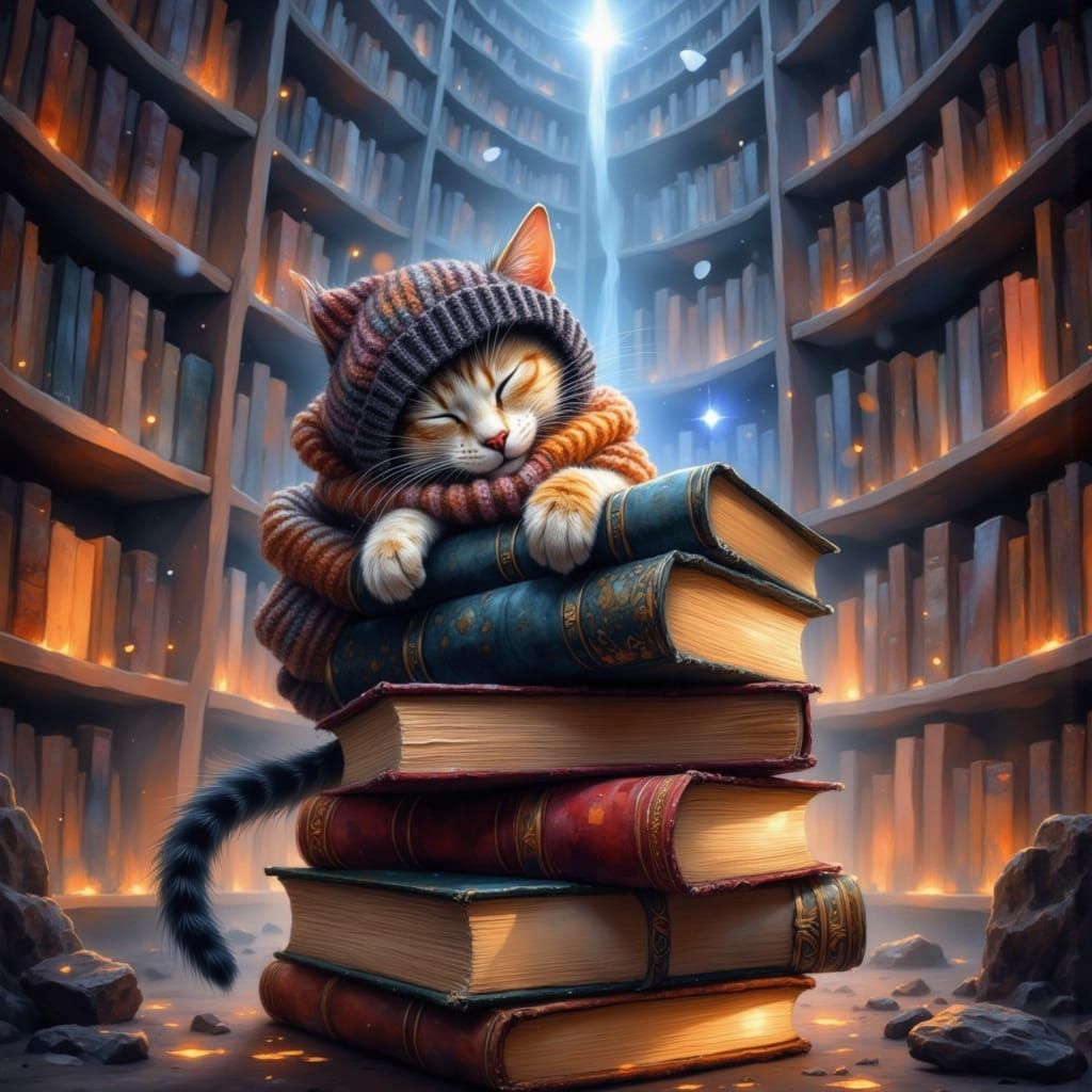 Whimsical Cat Napping on Glowing Books in Infinite Library