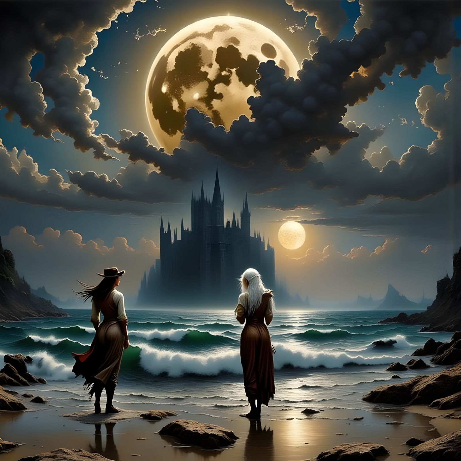 Moonlit Western: Women by the Ocean