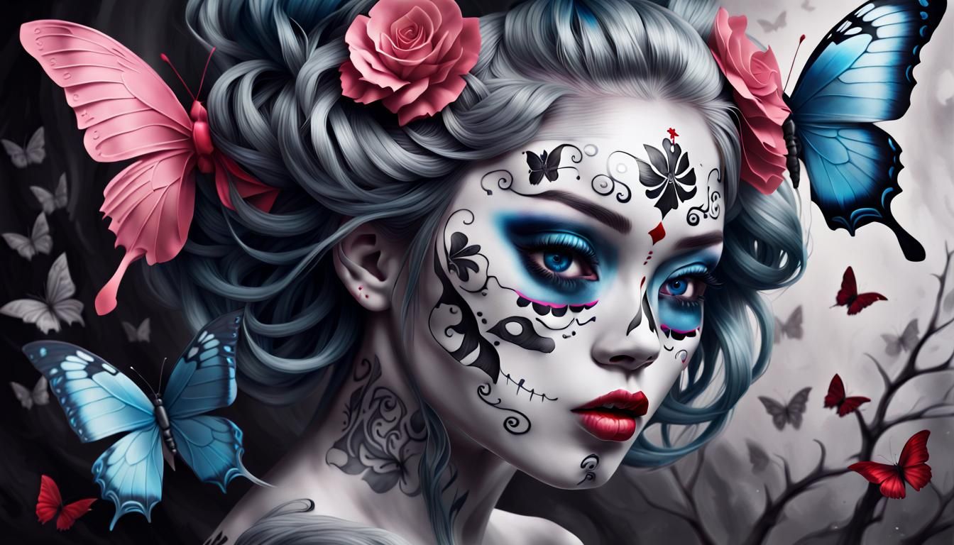 Kabuki Sugar Skull Portrait with Butterflies
