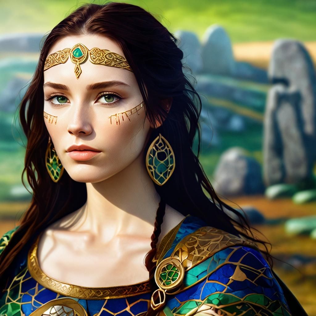 Celtic Woman Portrait with Mosaic Armor in Digital Art