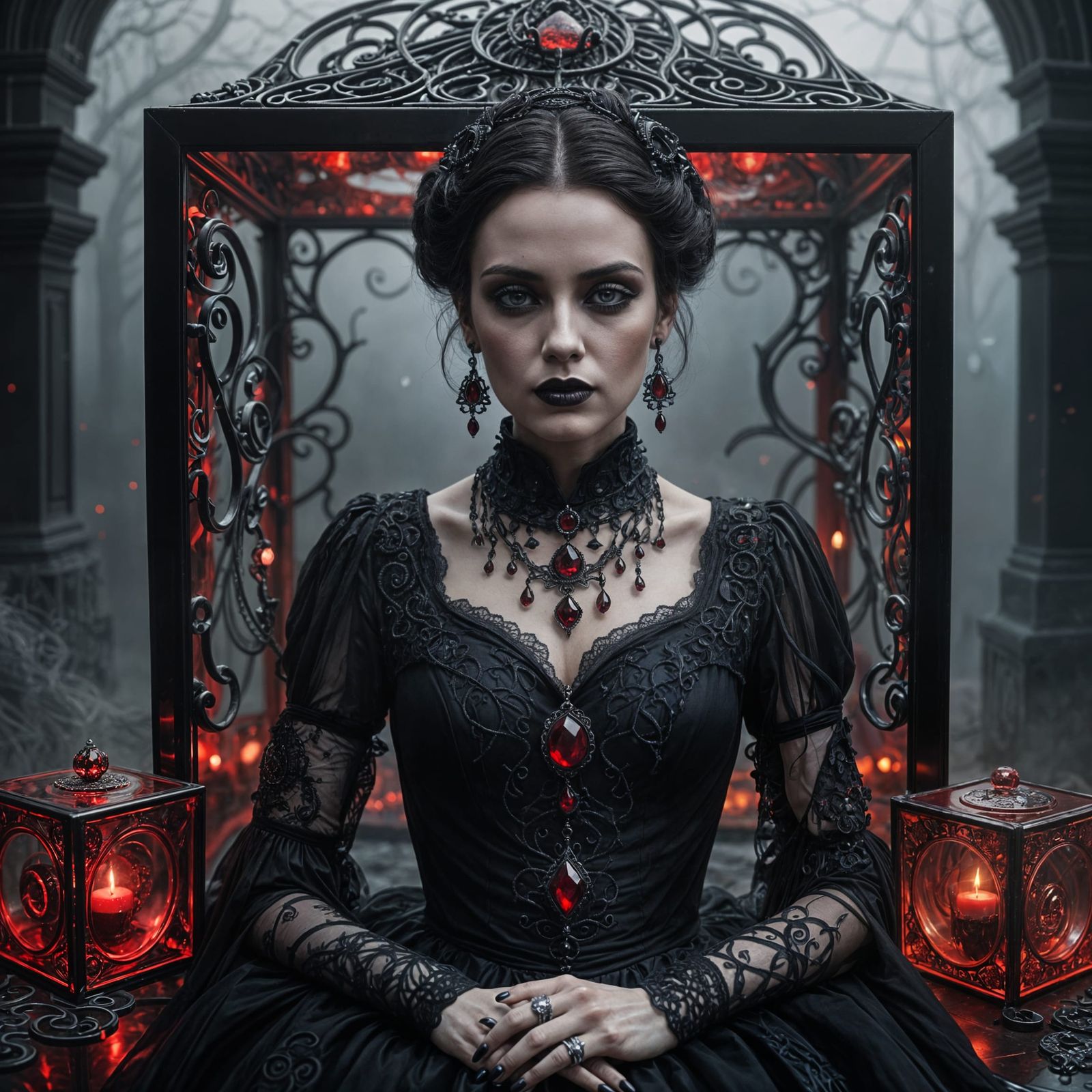 Gothic Woman in Red Cube, Matte Painting