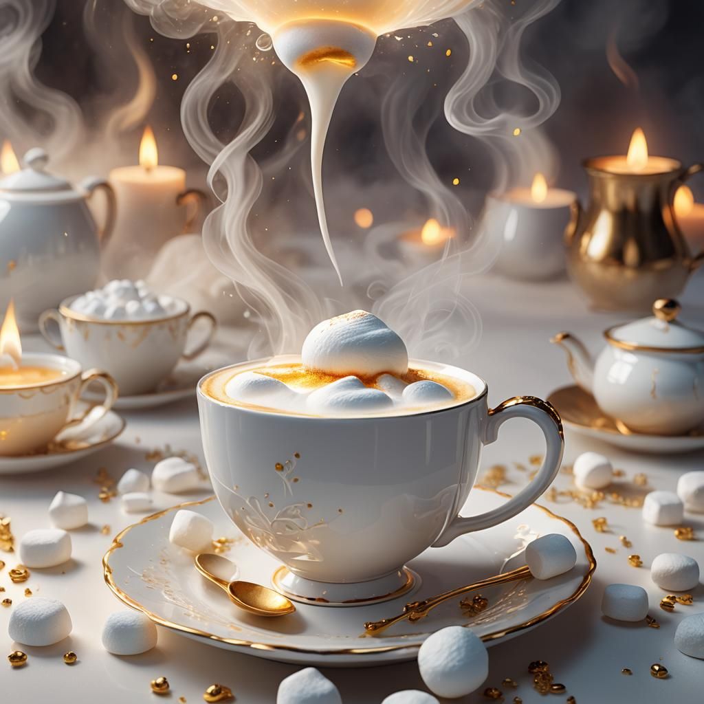 Marshmallow Floating in Milk Teacup: Photorealistic Macro Sh...