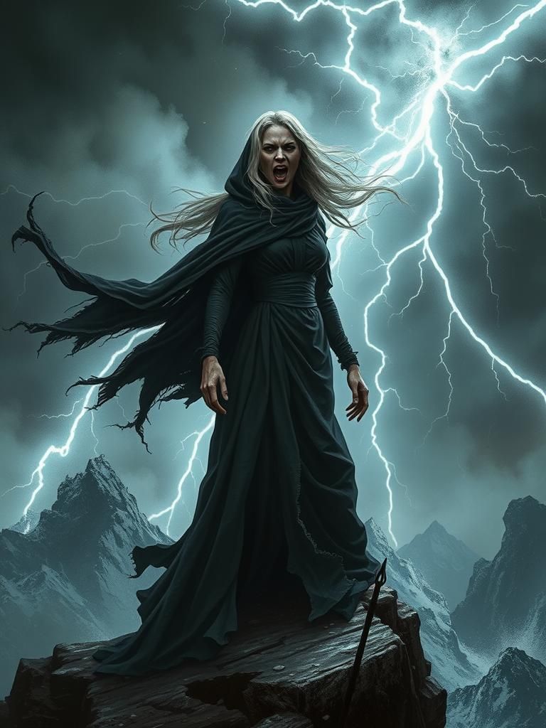 Screaming Woman on Cliff in Dark Gothic Style