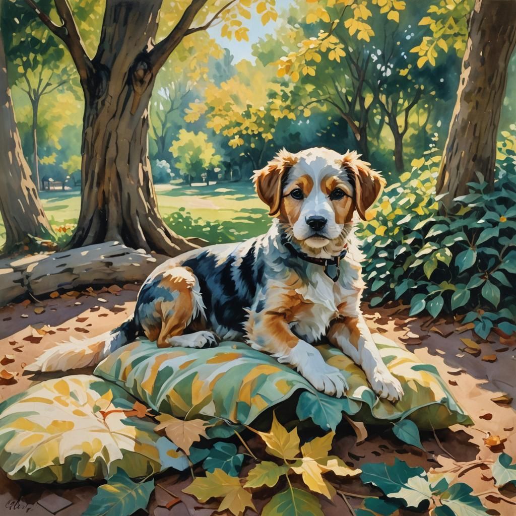 Impressionist Puppy Portrait with Dappled Sunlight