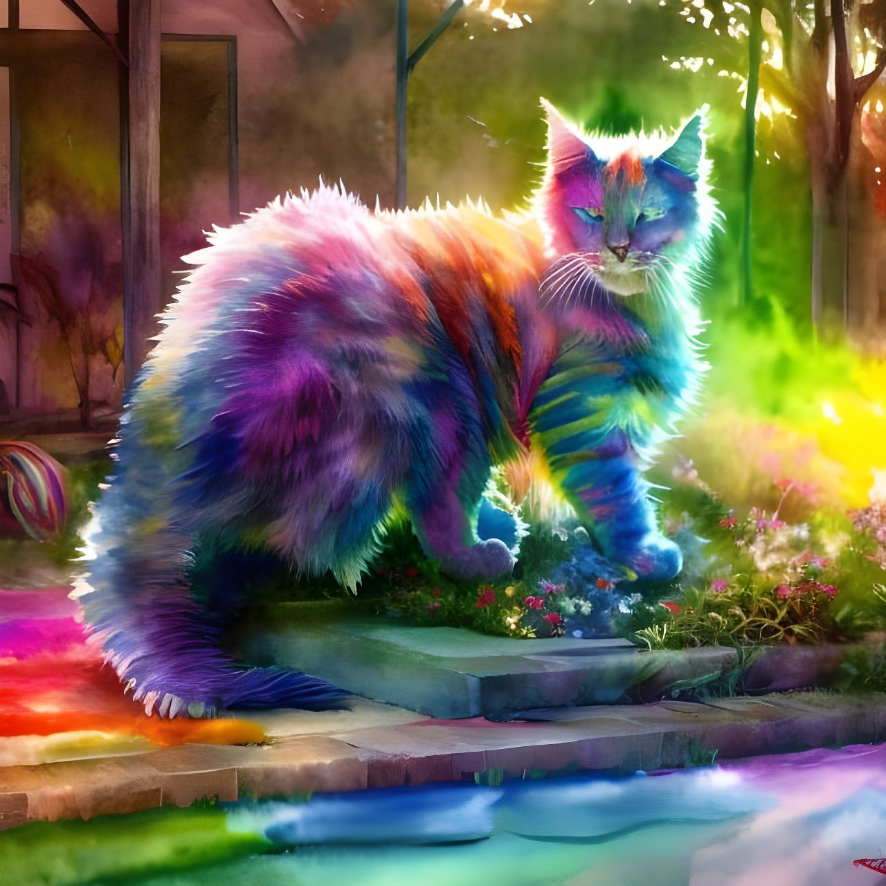 Rainbow Cat in Solarpunk Garden: Expressionist Watercolor