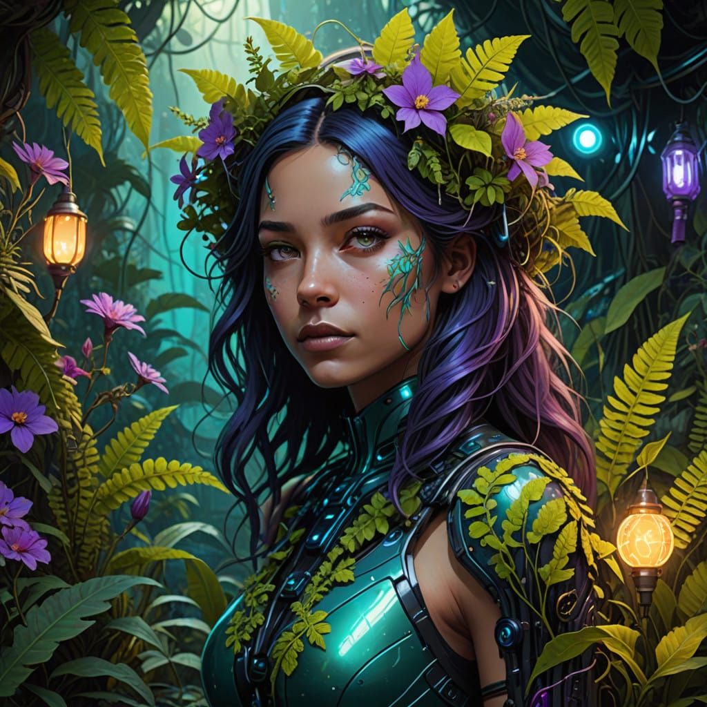 Surreal Botanical Goddess in Neon Jungle Laboratory