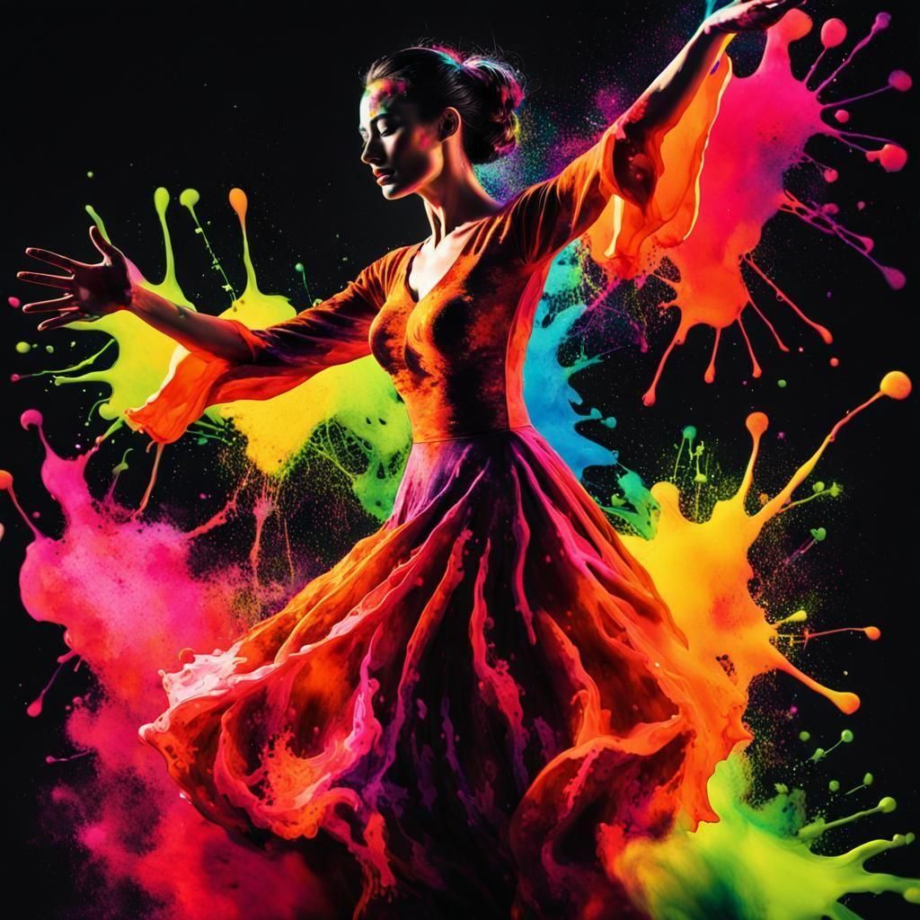 Flamenco Dancer in Fluorescent Ink Splash Art