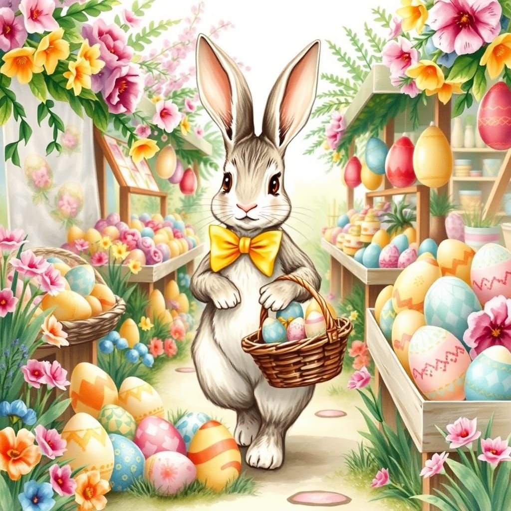 Whimsical Easter Bunny Shops for Eggs in a Vibrant Spring Ma...