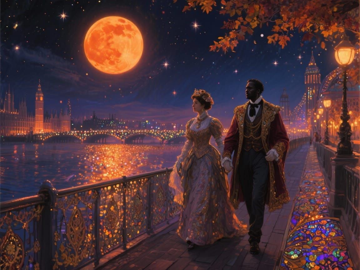 Victorian Couple Under Harvest Moon on London Pier