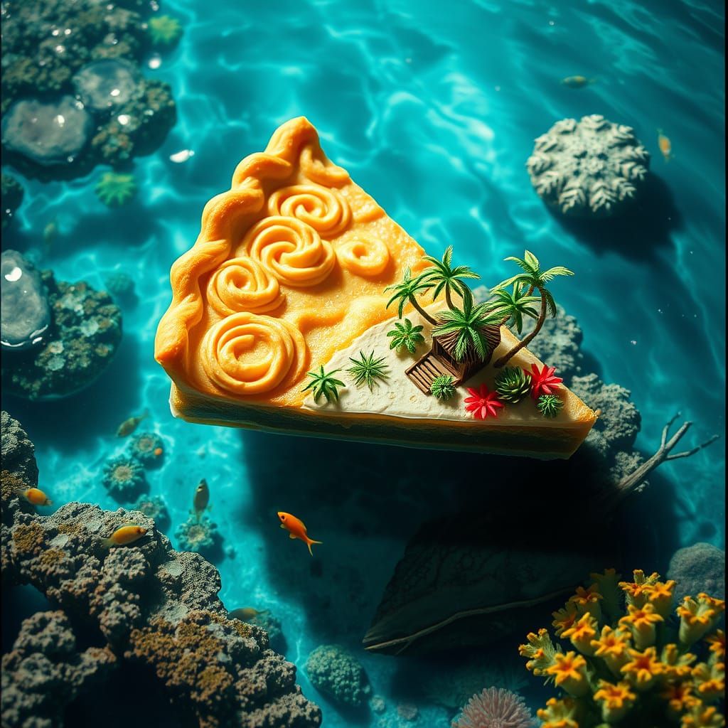 Tropical Island Pie Slice in Surreal Dreamscape