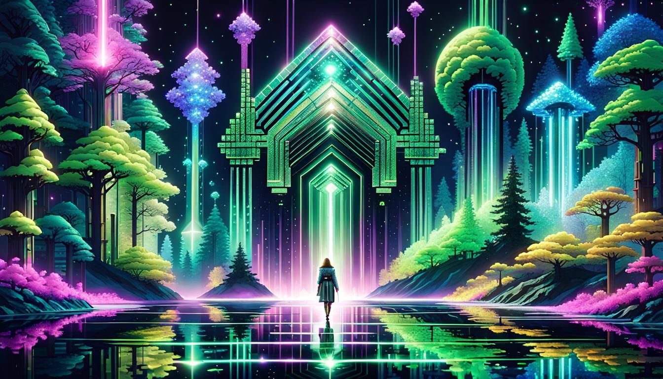 Ethereal Woman in Enchanted Forest: 8-bit Neon