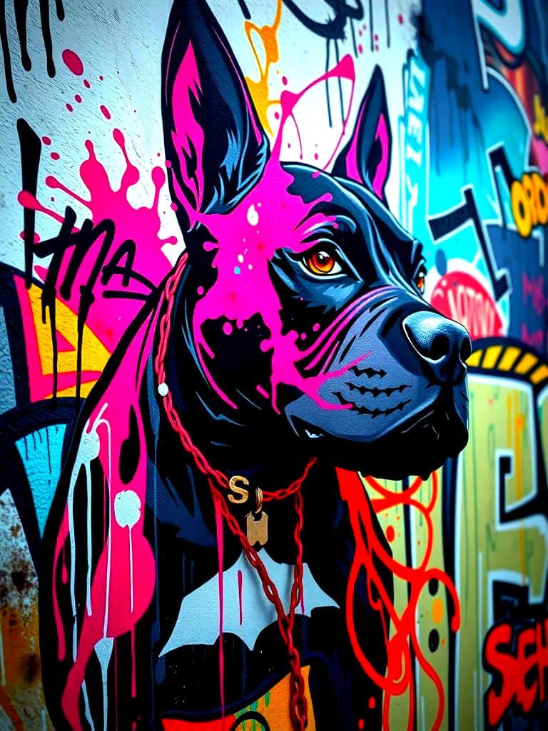 Graffiti Bull Terrier Mural in Anime Style