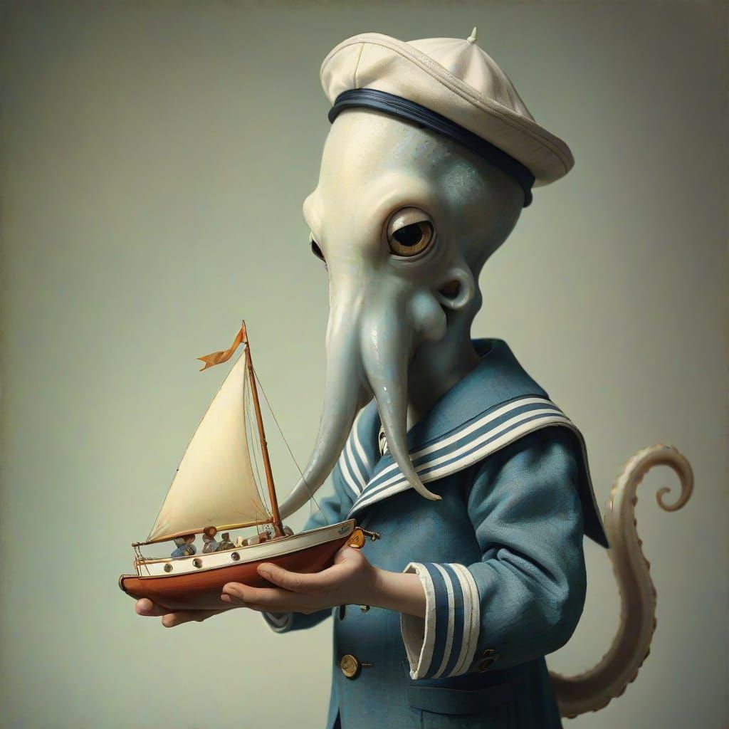 Elegant Squid Boy with Toy Boat in Whimsical Edwardian Setti...