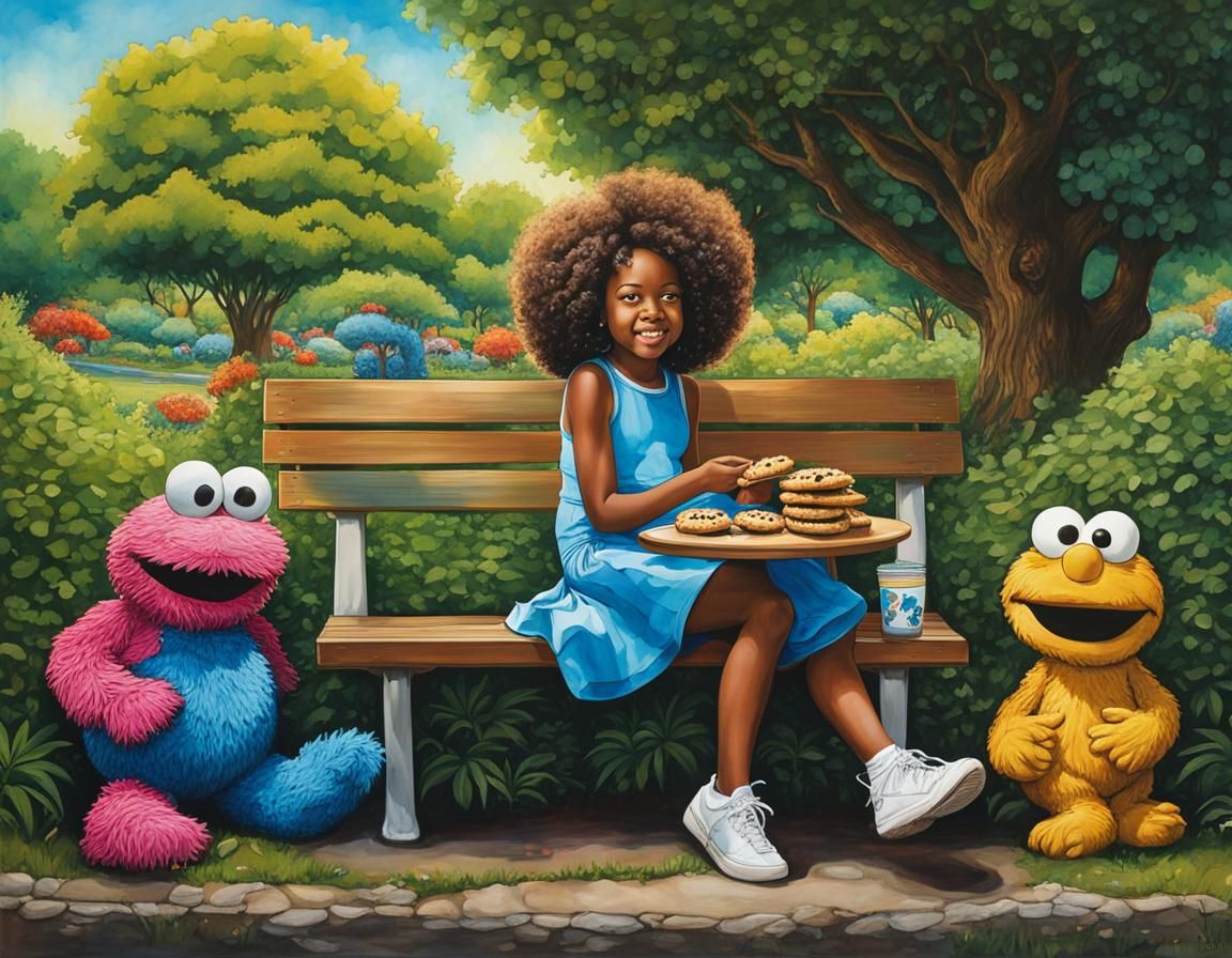 Girl with Cookie Monster in Park, Hyperrealism Style