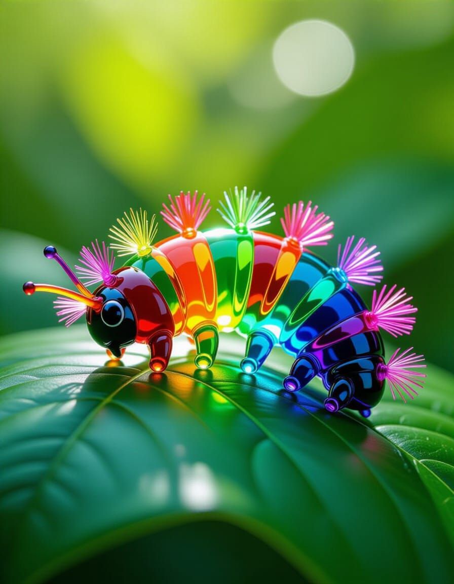 Neon Rainbow Glass Caterpillar Sculpture on Green Leaf