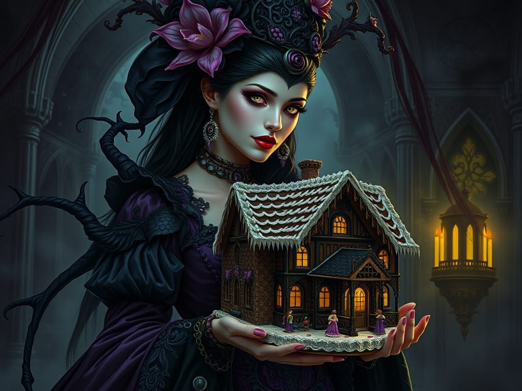 Gothic Woman Holds Gingerbread House with Rich Colors