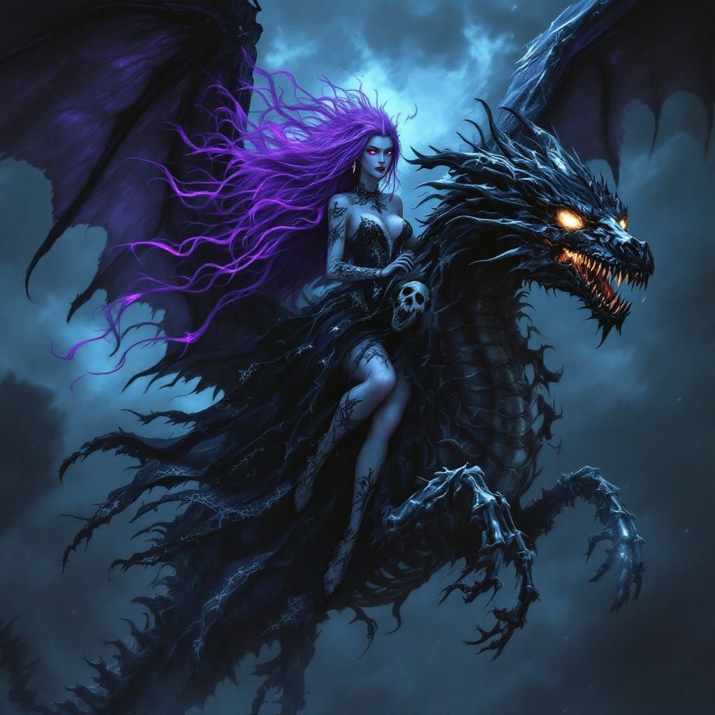 Gothic Fairy Queen Rides Skeletal Dragon through Dark Stormy...