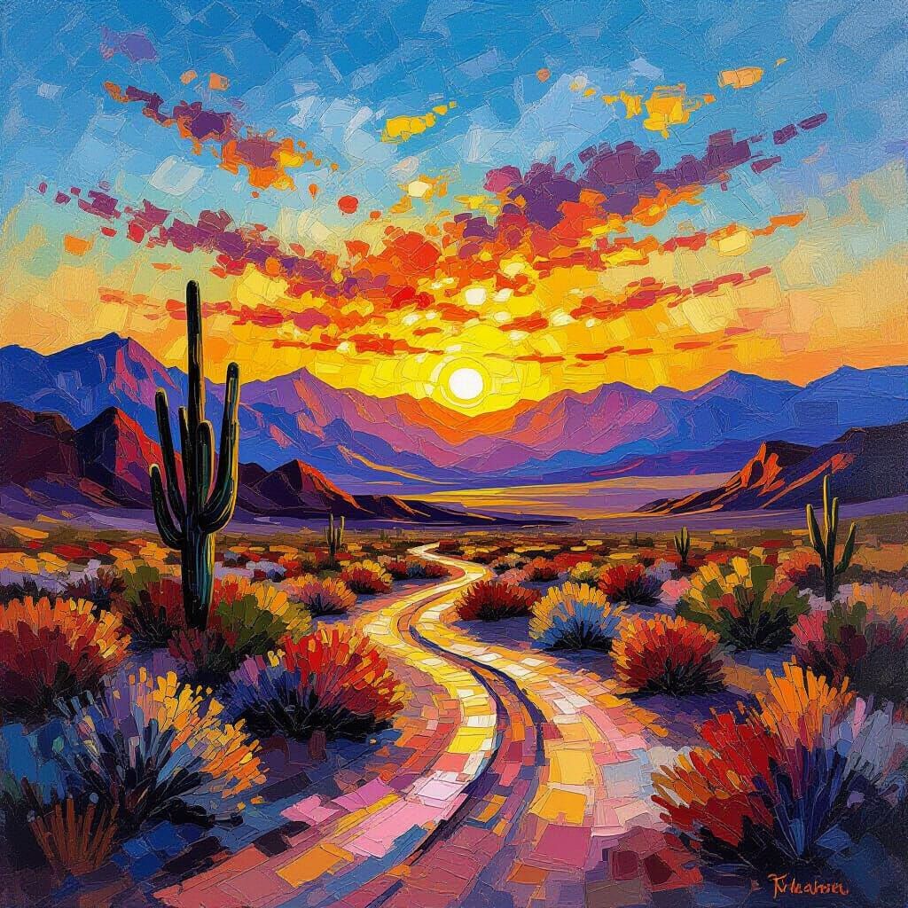 Death Valley Golden Hour Landscape in Neo-Impressionist Styl...