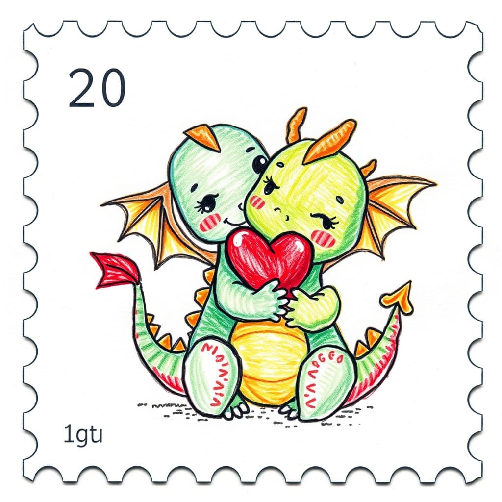 Dragon and Heart Colored Pencil Stamp