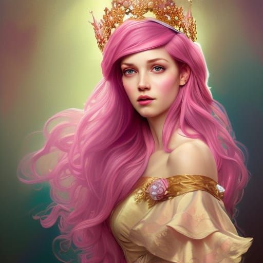 Woman with pink hair and a golden tiara in a princess-style dress with frills