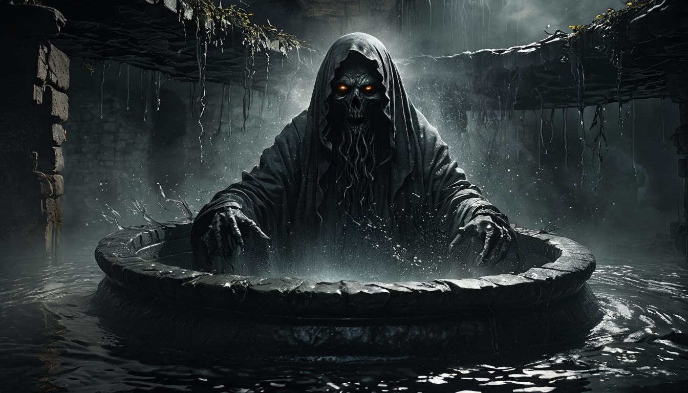 Eerie Ghost Emerges from Well in Dark Fantasy Style
