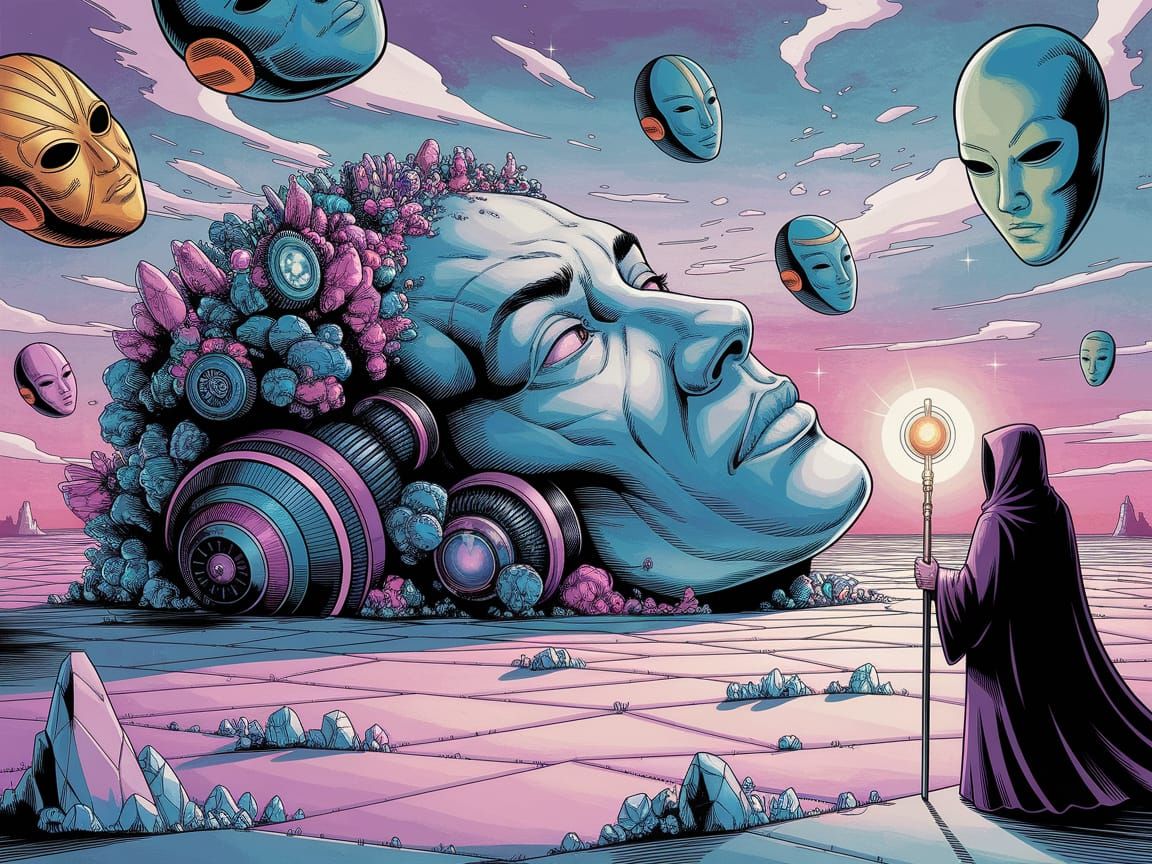 Colossal Head on Crystal Desert, Watercolor and Ink Art